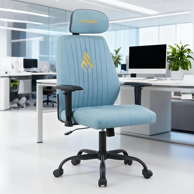 Symino Office Chair Ergonomic with 109° Rocking Function, Premium PU Leather, Integrated Lumbar Support, Adjustable Headrest & Armrests, Swivel Desk Chair - Image 2