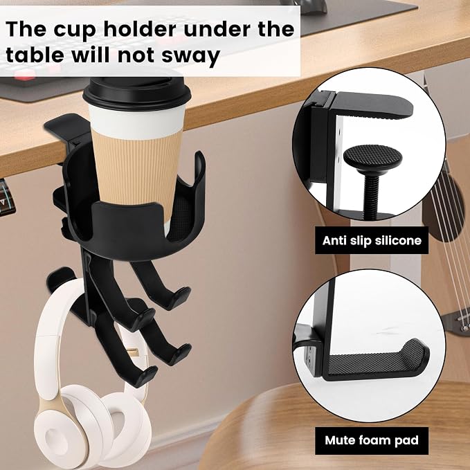 4 in 1 Desk Cup Holder with Headphone Hanger and Controller Stand Gaming Accessories, Under Desk Clamp Rotatable Headset Holder,Adjustable&Rotating Upgraded Arm Clamp,Desk Controller Holder (Black) - Image 6