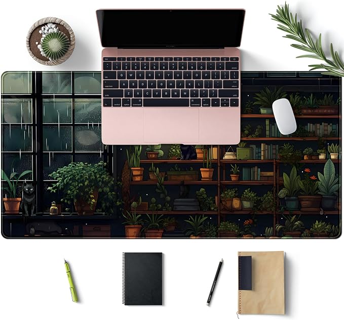 Lofi Cat Desk Mat Dark Green Plant Books Desk Pad Black Cat Aesthetic Anime Big Mouse Pad Large Gaming Mousepad XL Cool Keyboard Pad Deskmat Laptop Computer Mouse Mat 31.5X 15.7in - Image 3