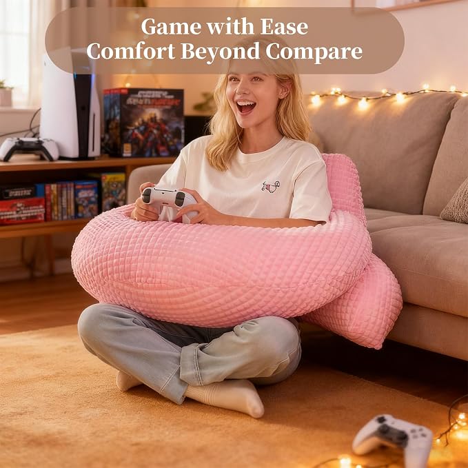 19" Reading Pillow for Bed,U Shaped Arm & Elbow Support,Pink Flannel | Backrest Supports Back,U shaped Lap Pillow Cushions Arms,Elbows & Wrists,Soft Flannel for Reading,Gaming,Watching TV - Image 2