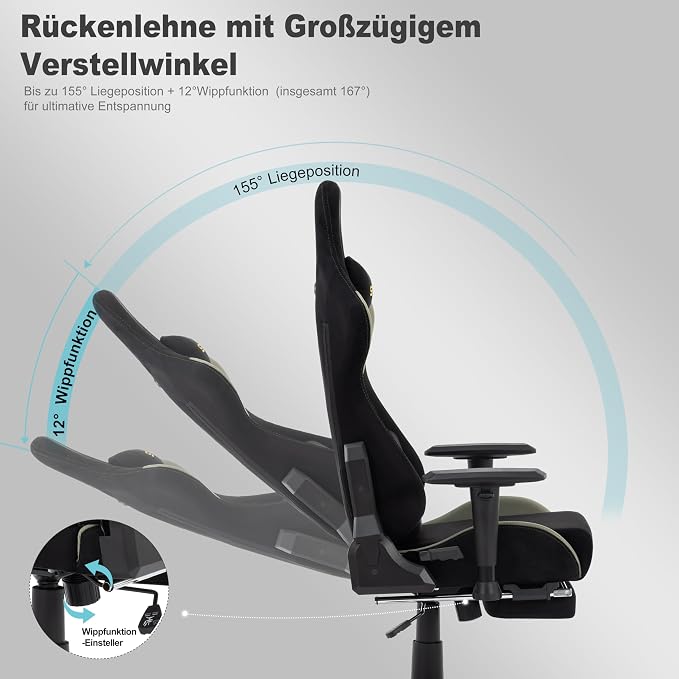 Symino Gaming Chair, High Back Ergonomic Office Chair with 2D Adjustable Armrests, 150° Recline, Breathable Faux Suede, Adjustable Headrest & Footrest for Home Office - Image 5