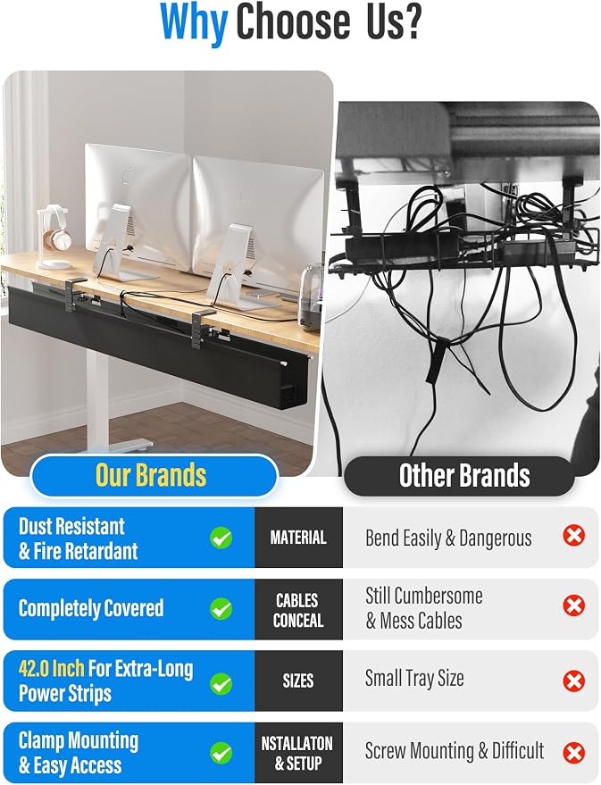 [Upgraded] Large Under Desk Cable Management Tray, Cinati Cable Management Under Desk No Drill, 28.4" Fabric Cord Hider for Wire Organizer, Cord Organizer for Office, Home - Supports Up to 30lbs Black - Image 7