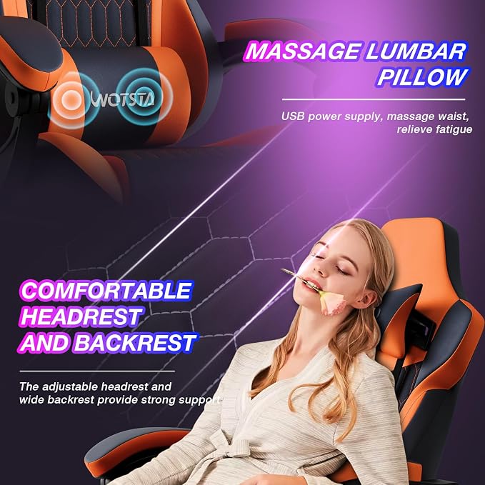 Gaming Chair with Footrest, High Back Gaming Chairs PVC Leather Ergonomic Gamer Chair with Adjustable Headrest Lumbar Support Racing Style Video Gaming Chair for Office/Home (Sky Orange) - Image 6
