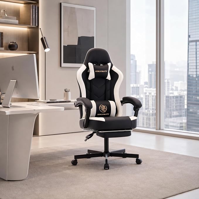 Desk Computer Gaming Chair - High Back Ergonomic Office Chair with Footrest and Lumbar Support, Swivel Comfy Home Gamer Video Game Chairs with Pocket Spring Cushion for Adults (White Leather) - Image 8