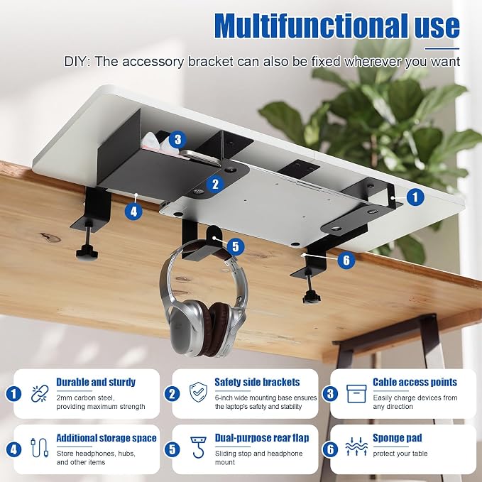 Novabright 30" X 12" Desk Extender Tray with Side Storage Rack Heavy Duty Desk Extender Under Desks Laptop Mount Keyboard Extenders for Desks with a Concealed Storage Area for Cable & Earphone (White) - Image 7