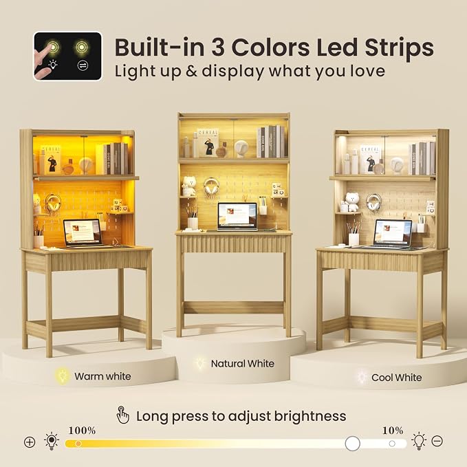 Lvifur 31.5" LEDStudy Desk with Hutch,Outlets,Reading Lights | Computer Desk with Charging Station,2 Drawer,Compact Writing Desks,Home Office Desks for Bedroom,Natural - Image 4
