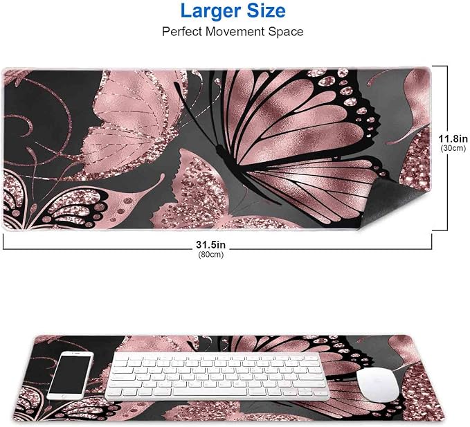 IMAYONDIA Gaming Mouse Pad for Women, Large Non-Slip Rubber Base Mousepad with Stitched Edges, Keyboard Mouse Mat Desk Pad for Work, Game, Office, 31.5x11.8 Inch - Rose Gold Glitter Foil Butterfly - Image 2