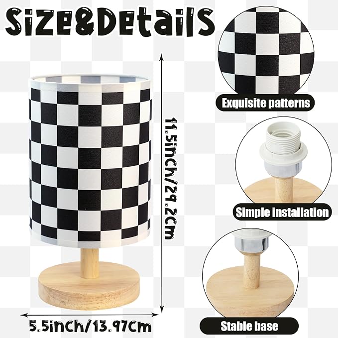 Checkered Bedside Lamp for Boys' Bedroom Kids, Bedside Lamp with Linen Wooden Nightstand, Checkered Lampshade Nursery Decor - Image 2
