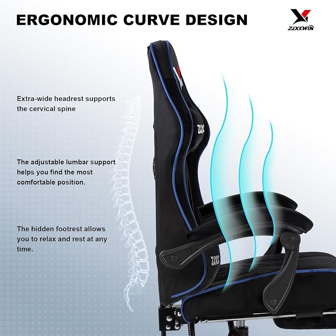 Velvet Gaming Chair, Ergonomic High Back Racing Chair with Footrest, Spring Wide Cushion, Adjustable Headrest & Lumbar Support, 90-135° Recline, 360° Swivel, 300lbs for Home Office, Blue - Image 7