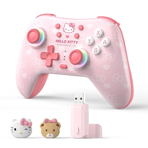 Kuitmor Hello Kitty Switch Pro Controller, Cute Hall Effect Wireless Gamepad No Drift for Switch 2/Switch/OLED/Lite, PC/Steam, Android, iOS, Bluetooth + Wired, Turbo, Back Buttons, 6-Aixs Gyro, Wake-up, RGB (Pink, With 2.4g Receiver) by Kuitmor