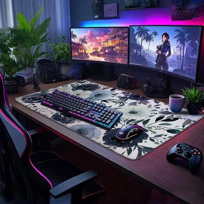 Navy Blue White Floral Large Gaming Mouse Pad Desk Mat 31.5x15.7 | Extended Mousepad, Non-Slip Rubber Base , Stitched Edges, for Computer/Laptop/Office/Home - Image 2