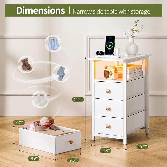 Yoobure End Table with Charging Station, LED Narrow Side Table Bedside Table, Small Night Stand End Tables Living Room, Skinny Nightstand with 3 Fabric Drawers, Side Tables Bedroom for Small Spaces - Image 2