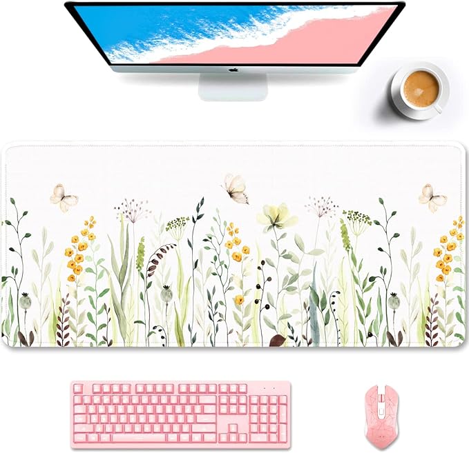 Auhoahsil Desk Pad, XXL Large Mouse Pad, Extended Gaming Mousepad, Cute Desk Mat for Women, Big Office Accessories Mouse Pad for Computer Keyboard and Laptop, 35.6" x 15.7", White Wildflower Butterfly by Auhoahsil