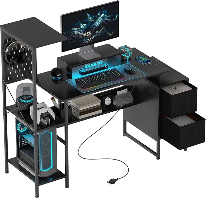 HOMCOM 56" Gaming Desk Monitor Stand Power Outlets LED Lights, Black | Computer Desk, Storage Shelves, Fabric Drawers, 2 CPU Stands, Pegboard, Home Office by HOMCOM