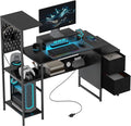 HOMCOM 56" Gaming Desk Monitor Stand Power Outlets LED Lights, Black | Computer Desk, Storage Shelves, Fabric Drawers, 2 CPU Stands, Pegboard, Home Office by HOMCOM