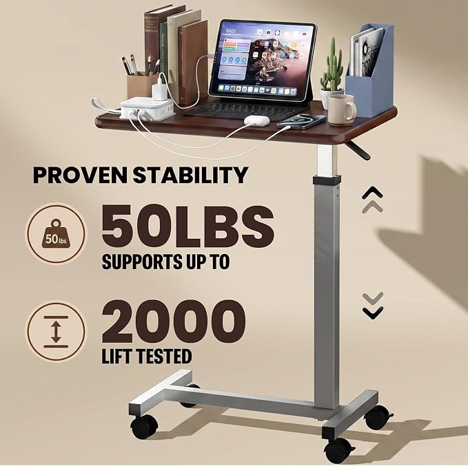 WOTURE Pneumatic Adjustable Overbed Bedside Table with Wheels - Hospital & Home Use, Medical Bed Table, Mobile Standing Desk, Rolling Laptop Cart, Non Tilt Surface(23.6" L x 15.7" W, Walnut) - Image 5