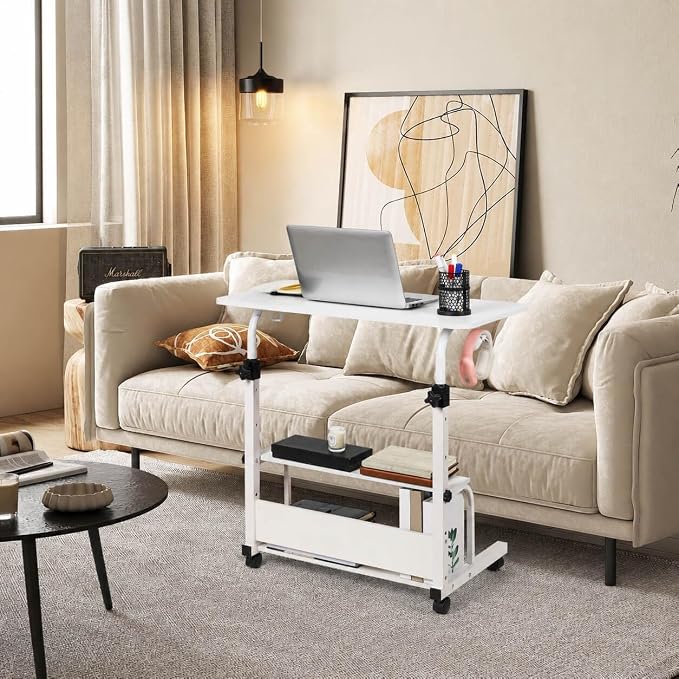 Adjustable Height Mobile Computer Desk,White Table for Home Office Bedroom - Image 5