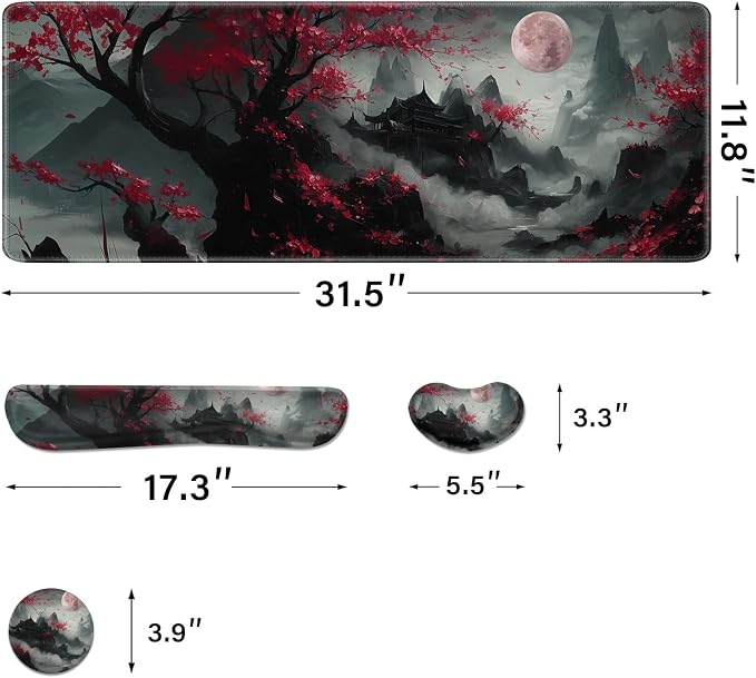 Desk Pad and Keyboard Wrist Rest,Janpense Large Mouse Pad + Keyboard Pad+Mouse Wrist Support, Non-Slip Desk Mat Protector for Office, Home 31.5×11.8 Inches Cherry Blossom - Image 4