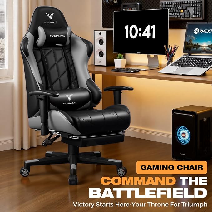 Gaming Chair with Footrest, Ergonomic High-Back PU Leather Computer Chair with 3D Adjustable Armrests, Headrest and Lumbar Support, Office Desk Chair with Diamond Stitching for Adults & Teen - Image 3