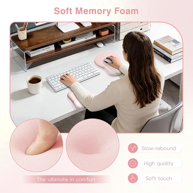 Ospelelf Mouse Pad with Wrist Rest Set Foam L-Shaped Desk Elbow Pad Ergonomic Desk Edge Cushion Anti-Slip Rubber Bottom Office Women Desk Accessories for Computer, Laptop and Gaming, Pink - Image 4