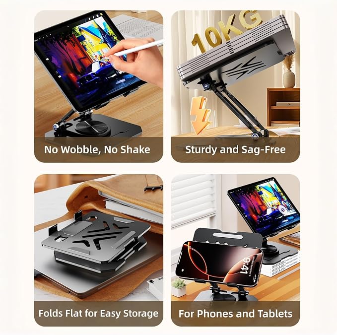 Ultra-Stable 360° Rotatable Metal Tablet Stand, Adjustable Folding Desktop Stand for iPad/iPhone/Switch, Universal Use for Office/Movie/Studying/Drawing/Gaming, Silver - Image 3