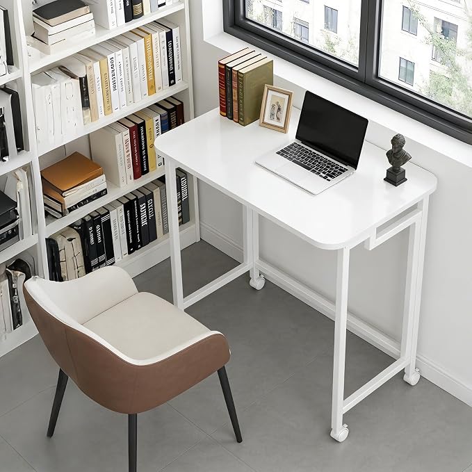 JSB Folding Desk for Small Spaces,Mobile Portable Rolling Laptop PC Table on Wheels,Foldable Computer Desk for Home Office,Bedroom,Dorm,Space Saving (All White, 23.6") - Image 4