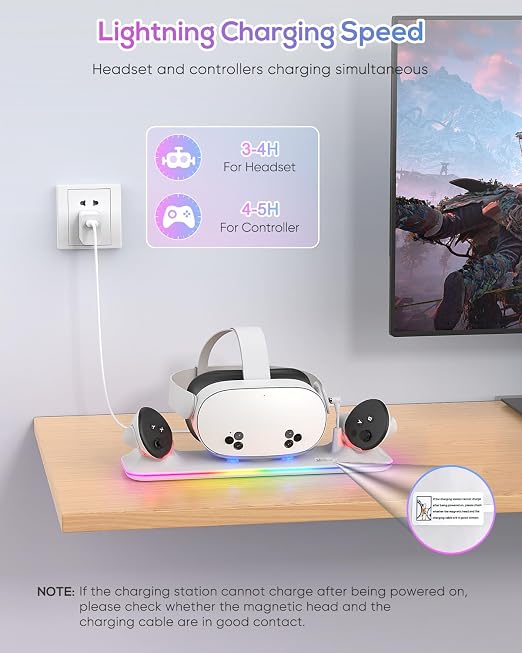 Charging Dock for Meta Quest 3S/3, Kinwin Magnetic Charging Station for Oculus Quest 3S/3 Accessories with RGB Light, Charging Stand for VR Headset & Controller with 2 Rechargeable Batteries (White) - Image 3
