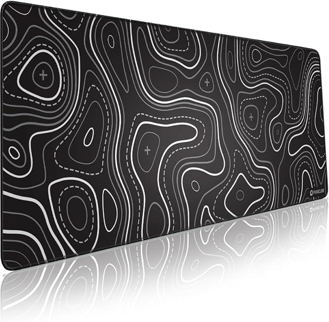 Pixiecube Minimalist Topographic Map Mouse Pad - Contour Extended Large Stitch Edge Mousepad. Black & White Non-Slip XXL Gaming Desk Mat by PIXIECUBE