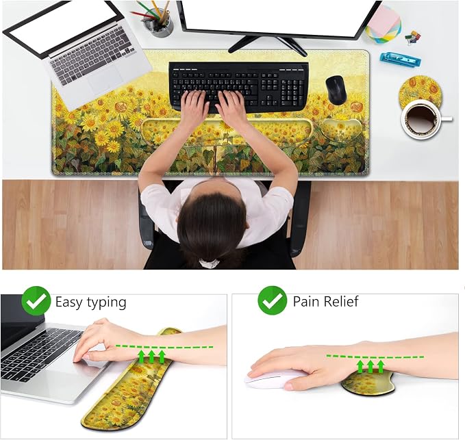 AIMSA Keyboard Mouse Pad Wrist Rest, Extended Gaming Mouse Pad +Wrist Support, Ergonomic Memory Foam,XXL Large Mousepad, 4Pcs (35×15.7 in) Desk Mat, Sunflower Oil Painting - Image 3