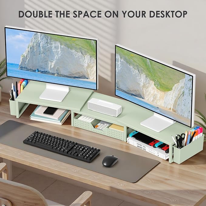 OPNICE Desk Organizers and Accessories, Dual Monitor Stand Riser with Drawer and 2 Pen Holders, Desk Shelf Computer Racks for Office Workspace Organizers, Desktop Organization (Sage Green) - Image 4