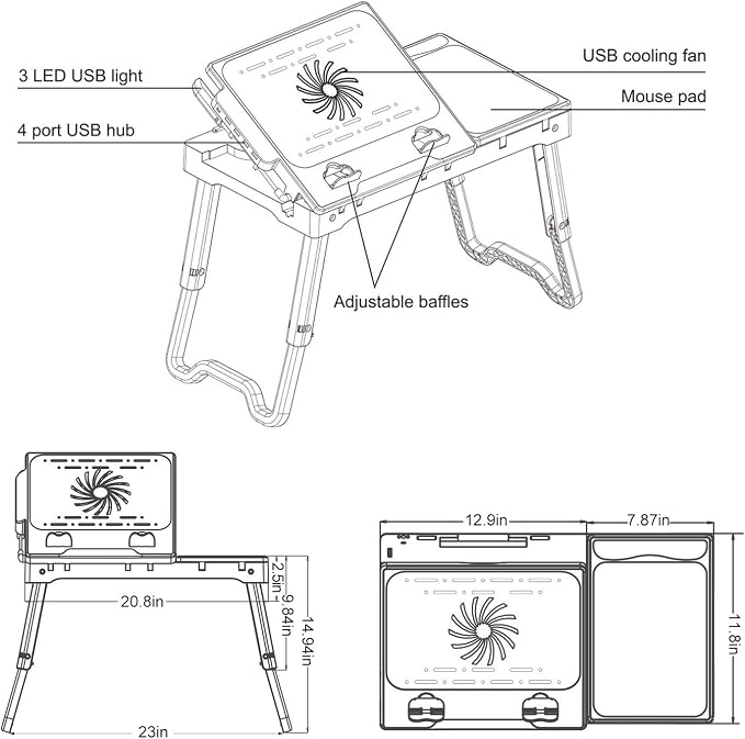 TeqHome Laptop Table for Bed, Adjustable Laptop Bed Desk with Fan, 4 USB Ports, Portable Lap Desk with Foldable Legs, Laptops Stand for Couch Sofa Bed Tray with LED Light, Storage, Mouse Pad - White - Image 6