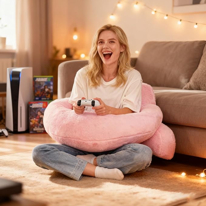 17" Reading Pillow for Bed,U Shaped Arm & Elbow Support,Pink Faux Fur | Backrest Supports Back,U Shaped Lap Pillow Cushions Arms,Elbows & Wrists,Plush Faux Fur for Reading,Gaming,Watching TV - Image 2