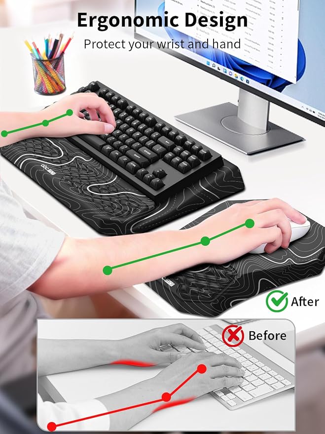 3-in-1 Ergonomic Keyboard Stand with Wrist Rest & Mouse Pad Set,Topographic | Comfy Keyboard Riser Holder Soft Mousepad with Massage Design, Memory Foam and Non-Slip PU Base for Pain Relief - Image 2