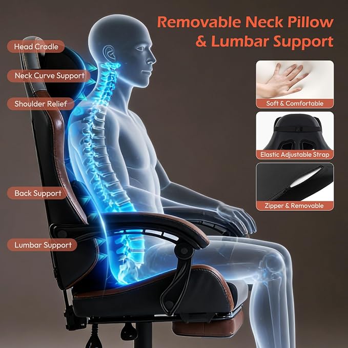 Ergonomic Gaming Chair for Adults with Footrest - PU Leather Computer Gamer Chair with Memory Foam Headrest & Lumbar Pillow, Reclining Silla Gamer Video Game Chair for Home Office, Black & Grey - Image 7