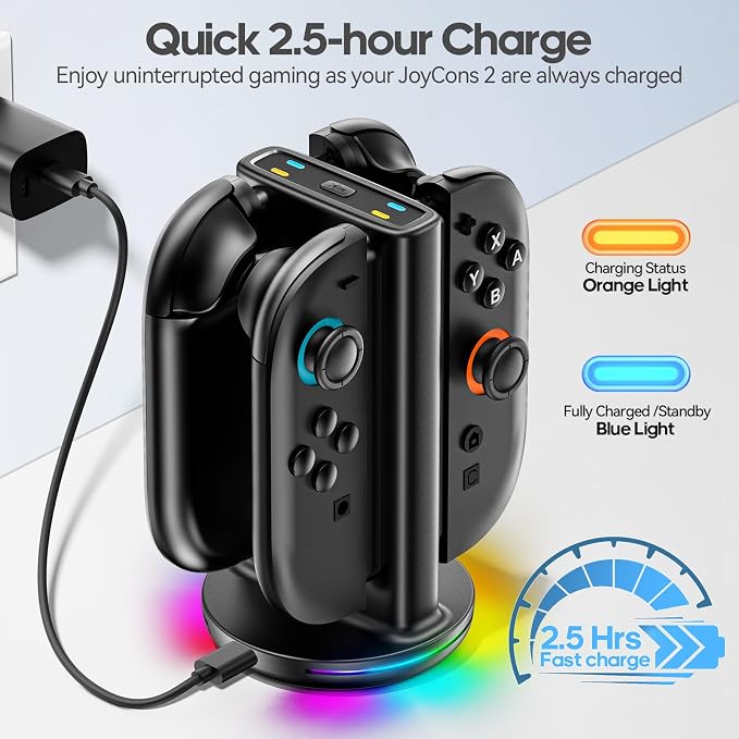 Switch 2 Joycon Charger with 9 RGBs, Switch 2 Controller Charger with Magnetic & Bi-Directional Design, 4 in 1 Joycon 2 Charging Dock Station Stand with Cable for Sega Genesis Console - Image 4