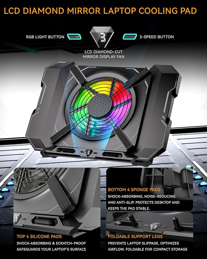 Laptop Cooling Pad, Gaming Laptop Cooler with 7.1 Inch Powerful Fan, RGB Lights & 3-Speed Fan Control & LCD Diamond Design, Height Adjustable Quiet Laptop Cooling Stand for 12"-21" Laptops etc - Image 4