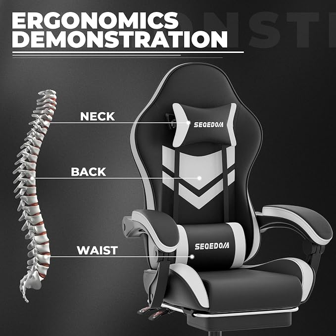 Gaming Chair with Footrest & Massage Lumbar Support, PU Leather Ergonomic High Back Swivel Height Adjustable Chair for Adults, Office Gaming, 300 lbs (Black White) - Image 7