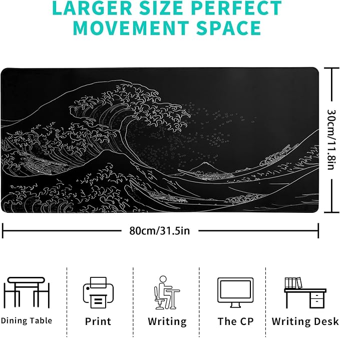 Brecoy Japanese Sea Wave Large Mouse Pad, Anime Black Gaming, Extended Kanagawa Mat Desk Pad, 3mm Thick Long Non-Slip Rubber Base Mice Pad, 31.5 X 11.8 Inch - Image 2