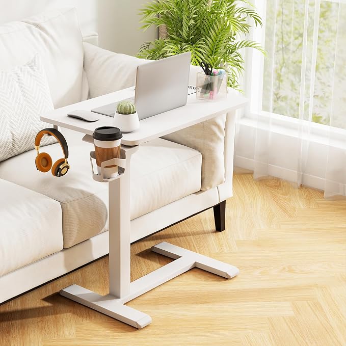 Tangkula Mobile Standing Desk, Pneumatic Height Adjustable Rolling Desk with Cup Holder & Headphone Hook, Overbed Table with Hidden Wheels, Laptop Computer Cart for Couch, Home, Office (White) - Image 2