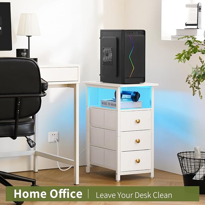 Yoobure End Table with Charging Station, LED Narrow Side Table Bedside Table, Small Night Stand End Tables Living Room, Skinny Nightstand with 3 Fabric Drawers, Side Tables Bedroom for Small Spaces - Image 7