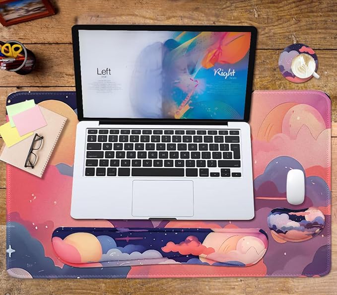 Large Mouse Pad Set, Cute Extended Mouse Pad+Keyboard Wrist Rest Support Desk Pad Memory Foam Ergonomic Easy Typing, 35.4×15.7 in Desk Mat Set for Home Office Study Game - Cloud - Image 4