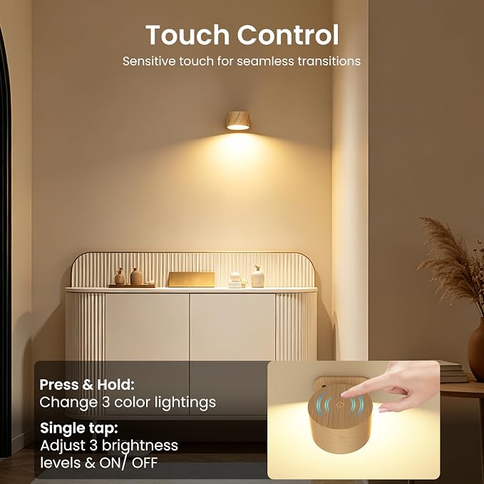 Koopala 2PACK LED Wall Lamps with Rechargeable Battery Operated, Wall Mounted Lights with 3 Brightness 3 Color Temp Removable Charging 360°Rotate Magnetic, Cordless Wall Sconces for Reading Bedside - Image 4