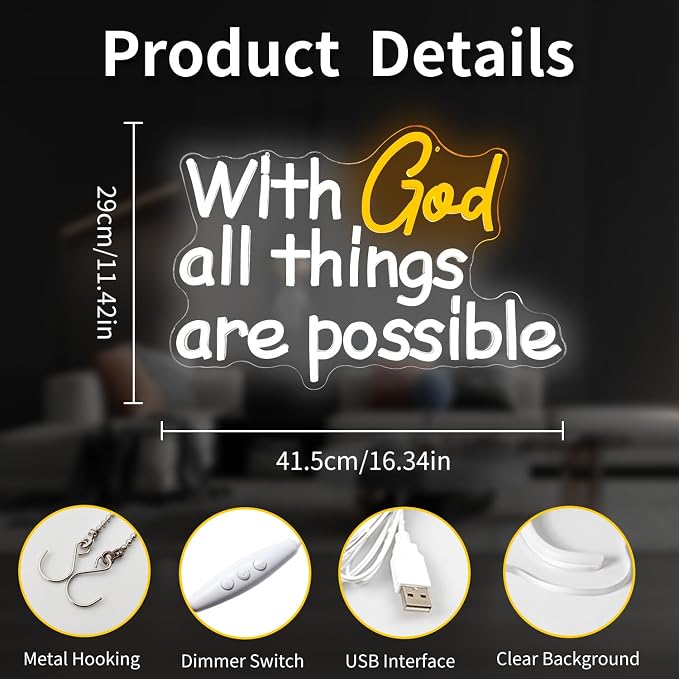 With God All Things Are Possible Neon Sign God Neon Lights for Wall Decor Light Up Religious Scripture Christian Bible Verses Sign Bibical Neon Wall Art - Image 4
