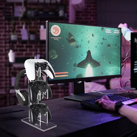 FYY Game Controller Holder 3 Tiers - Universal Dual Stand and Headphone Holder, Acrylic Clear Display Compatible With Nintendo Switch, Xbox, PS5, PS4 - Desk Mounts for Controllers - Image 2