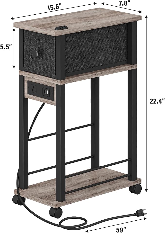 Slim Nightstand Set of 2, Narrow Side Table with Charging Station & Drawer - Image 3