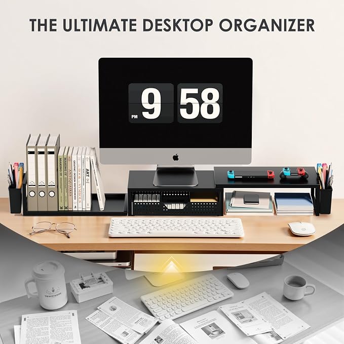 OPNICE Desk Organizers and Accessories, Dual Monitor Stand Riser with Drawer and 2 Pen Holders, Desk Shelf Computer Racks for Office Workspace Organizers, Desktop Organization (Black) - Image 5