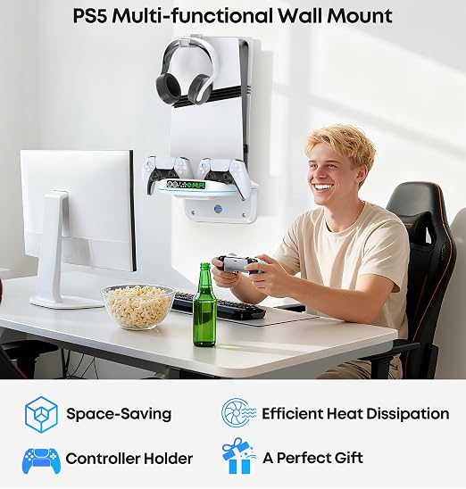 P5 Wall Mount Kit Cooling Station with Dual Controller Charger, Floating Shelf Behind TV for P5/Slim/Pro, Wall Bracket Compatible with P5 Disc & Digital, 9 RGB Lights P5 Fan Accessories, White - Image 7