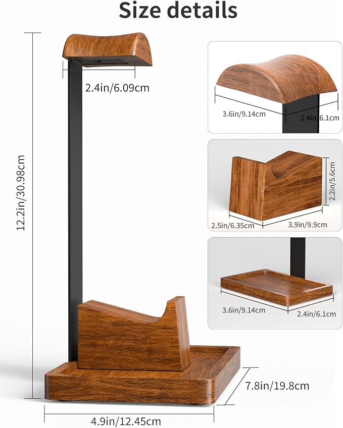 Headphone Stand and Controller Holder, 2-in-1 Walnut Wood Gaming Desk Organizer Compatible with Controllers, Display Mount for AirPods Max, Bose, Sennheiser, Gift for Gamers - Image 8