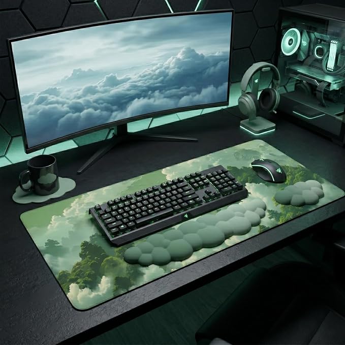 Green Cloud Mouse Pad and Keyboard Wrist Rest 4PCS Extended Forest Mountain Aesthetic Large Desk Mat Pad Set Memory Foam Non-Slip Cute Ergonomic Gaming Mouse Pad Wrist Support for Computer Home Office - Image 7