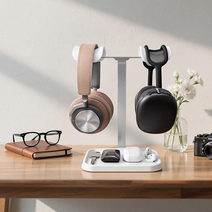 Dual Headphone Stand, Double Balanced Headset Stand with Storage Tray, Heavy Base Gaming Headset Holder for Desk (White) - Image 7